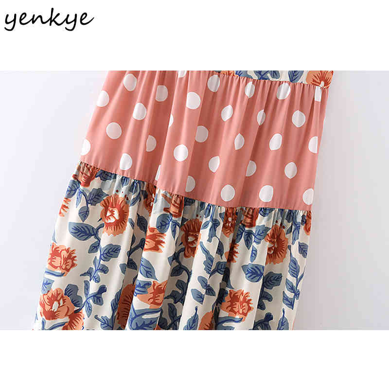 YENKYE Vintage Floral Print Polka Dot Sexy Sling Dress Women O Neck Sleeveless A-line Casual Long Dress Holiday Summer Vestido 210515