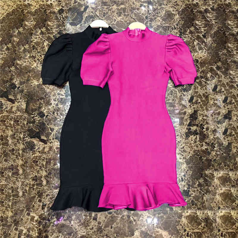 Aummer Short Sleeves Black Purple Fish Tail Woman Bandage Vintage Night Party Dress 210525