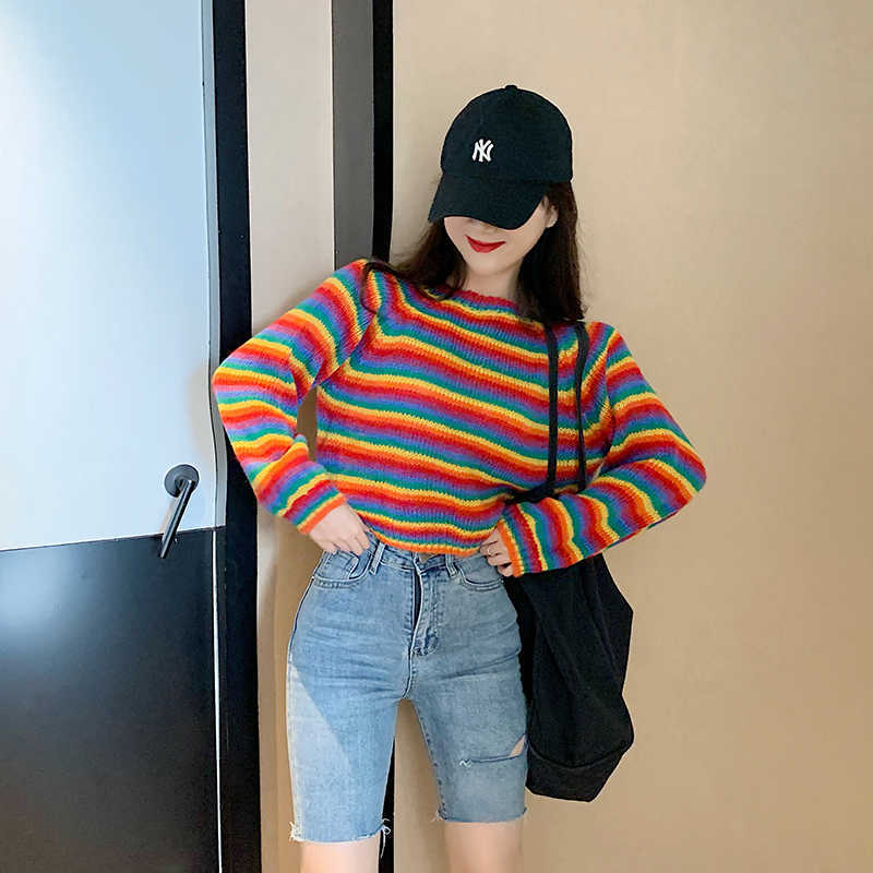 Korean Rainbow Knitted Sweater Women Runway Jumpers Loose Women's Clothes Autumn Plus Size Casual female Top Pullovers 210812