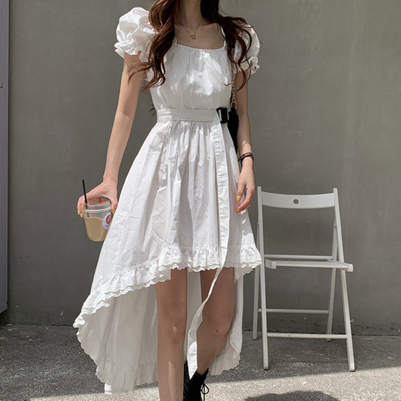 Korean Elegant Casual Women Summer Dress Female Square Collar Vintage Puff Sleeve Irregular Lace Splice Midi Long Dress Vestidos 210331