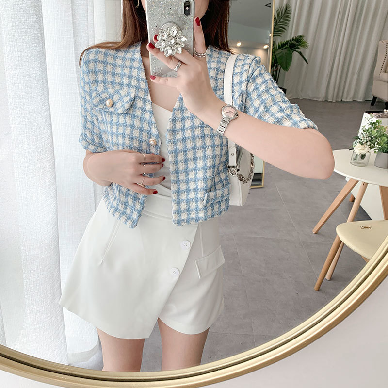 Coats & Jackets Summer Chic Korean V Neck Short Sleeve Plaid Woman Jacket Thin Wild Fashion Elegant Office Lady Sexy Sweet 210429