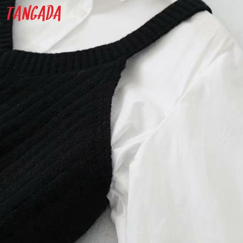 Women White 2 Piece With Knit Camis Long Sleeve Chic Female Casual Shirt 5B16 210416