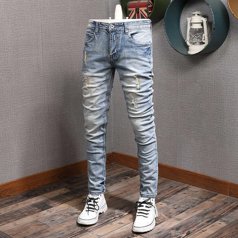 Korean Style Fashion Men Jeans Light Blue Embroidery Patches Ripped Denim Trousers Streetwear Elastic Cotton Slim Designer Pants, Retro light blue
Korean Style Fashion Men Jeans Light Blue Embroidery Patches Ripped Denim Trousers Streetwear Elastic Cotton Slim Designer Pants, Retro light blue