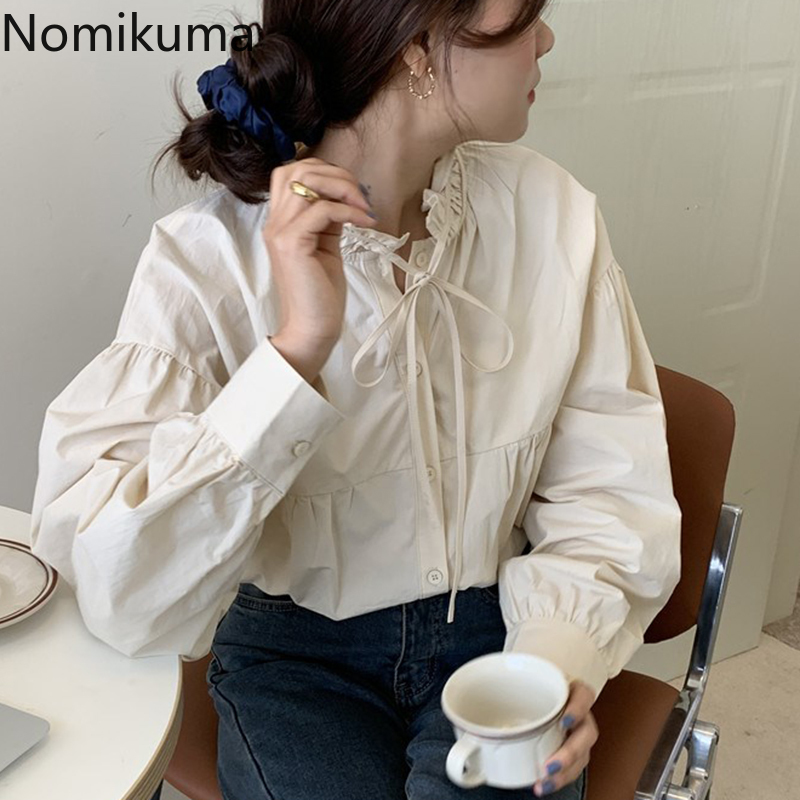 Nomikuma Spring New Women Doll Shirt Causal Ruffle Stand Neck Puff Long Sleeve Blusas Femme Single Breasted Blouses 6E159 210427