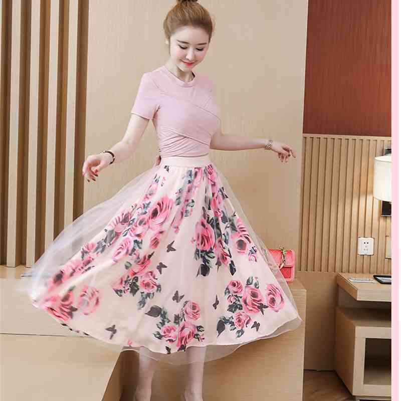 High quality Women Irregular T Shirt+Mesh Skirts Suits Bowknot Solid Tops Vintage Floral Skirt Sets Elegant Woman Two Piece Set 210519