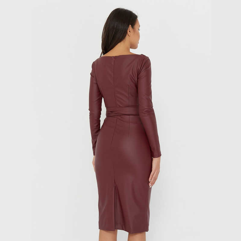 Women Elegant Matt Pu Leather Pencil Dress Vintage Sashes O Neck Long Sleeve Solid Warm Slim Dress Bodycon Party Holiday Dress 210630
