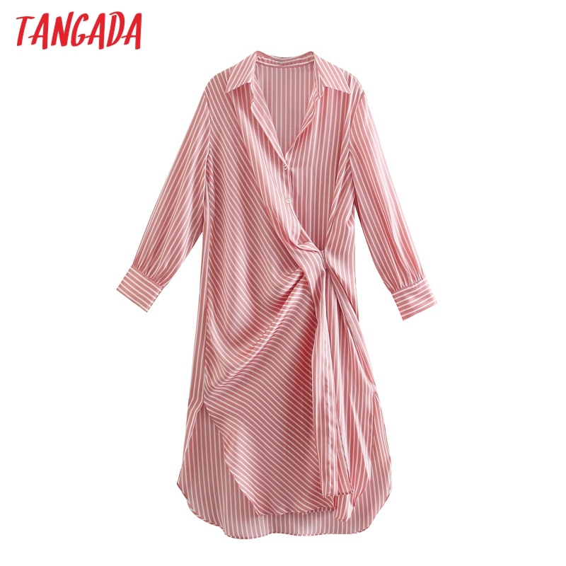 Fashion Women Striped Print Shirt Side Buttons Long Sleeve Ladies High Street Midi Dress 5Z85 210416