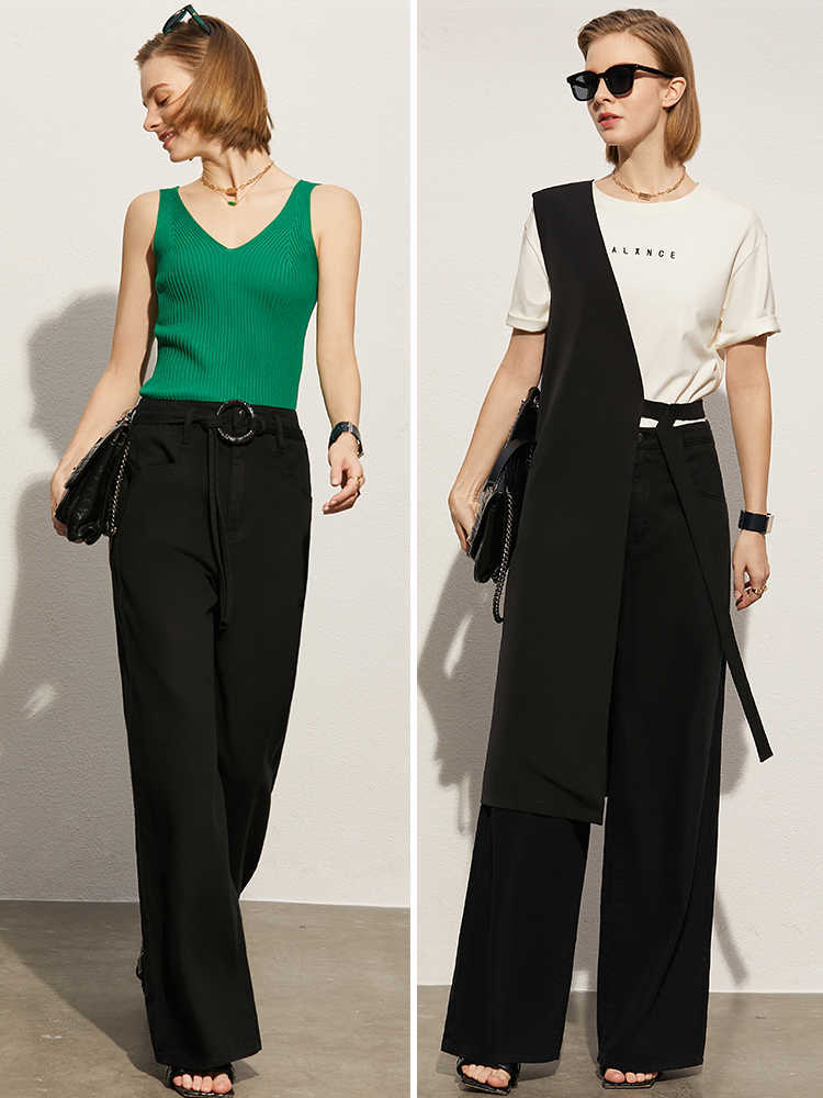 Amii Minimalism Spring Summer Fashion Women's Jeans Causal High Waist Belt Loose Long Streetwear Pants 12170114 210922