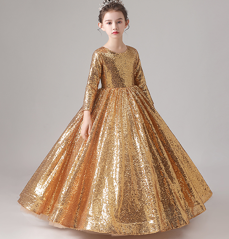 Sequined Pageant Fluffy Off The Shoulder Ruched Gold Bling Flower Girl Ball Gowns Party Dresses For Girls 403