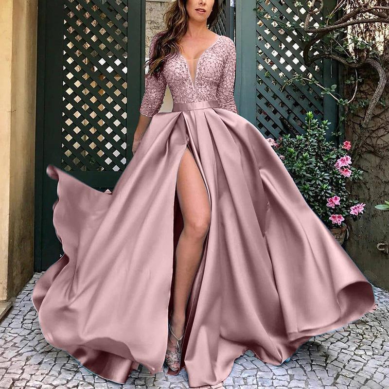 Simple Pink A Line Evening Dresses Side High Split Long Satin Prom Dress With 3/4 Long Sleeve V Neck Sexy Specia Occasion Gowns For Women 2022