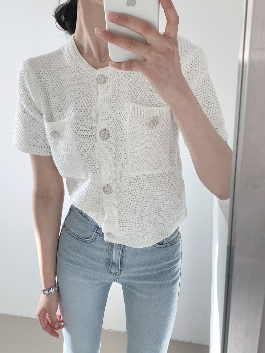 Women Fashion O-Neck Short sleeve knitting Casual Sweater Female Hollow Out Single-breasted Chic Cardigan Top 210519
