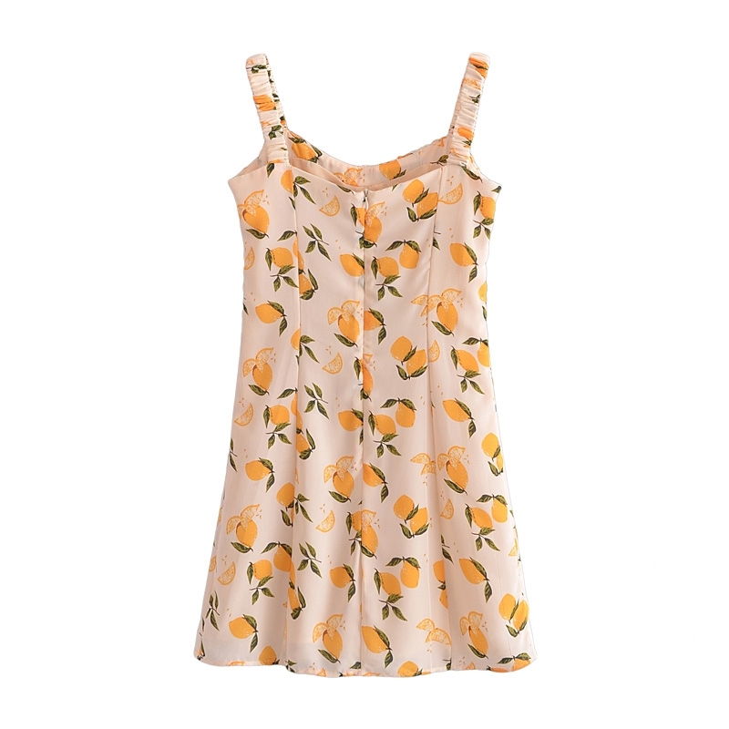 Summer French Chic Dress Short Spaghetti Strap Holiday Style Lemon Print Zipper Vestido Female 210514