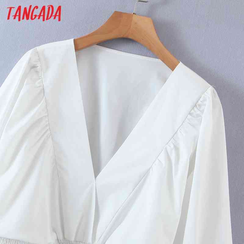Women Retro White V Neck Crop Long Sleeve Chic Female Sexy Slim Shirt Tops SL538 210416