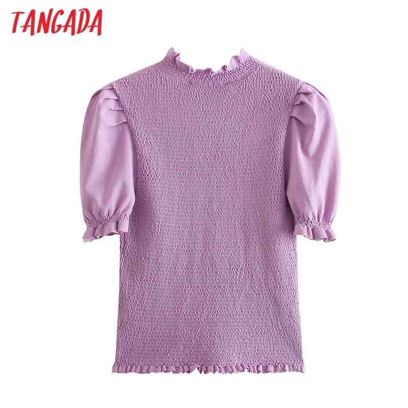 Women Fashion Beading Buttons Strethy Cropped Knitted Sweater Puff Sleeve Ruffled Female Pullovers Chic Tops BE494 210416