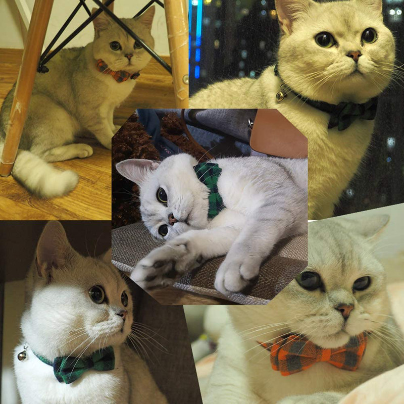 14 Colors Fashion Cat Collar Breakaway with Bell and Bow Tie Plaid Design Adjustable Safety Kitty Kitten British Style Collars Set 6.8-10.8in Blue