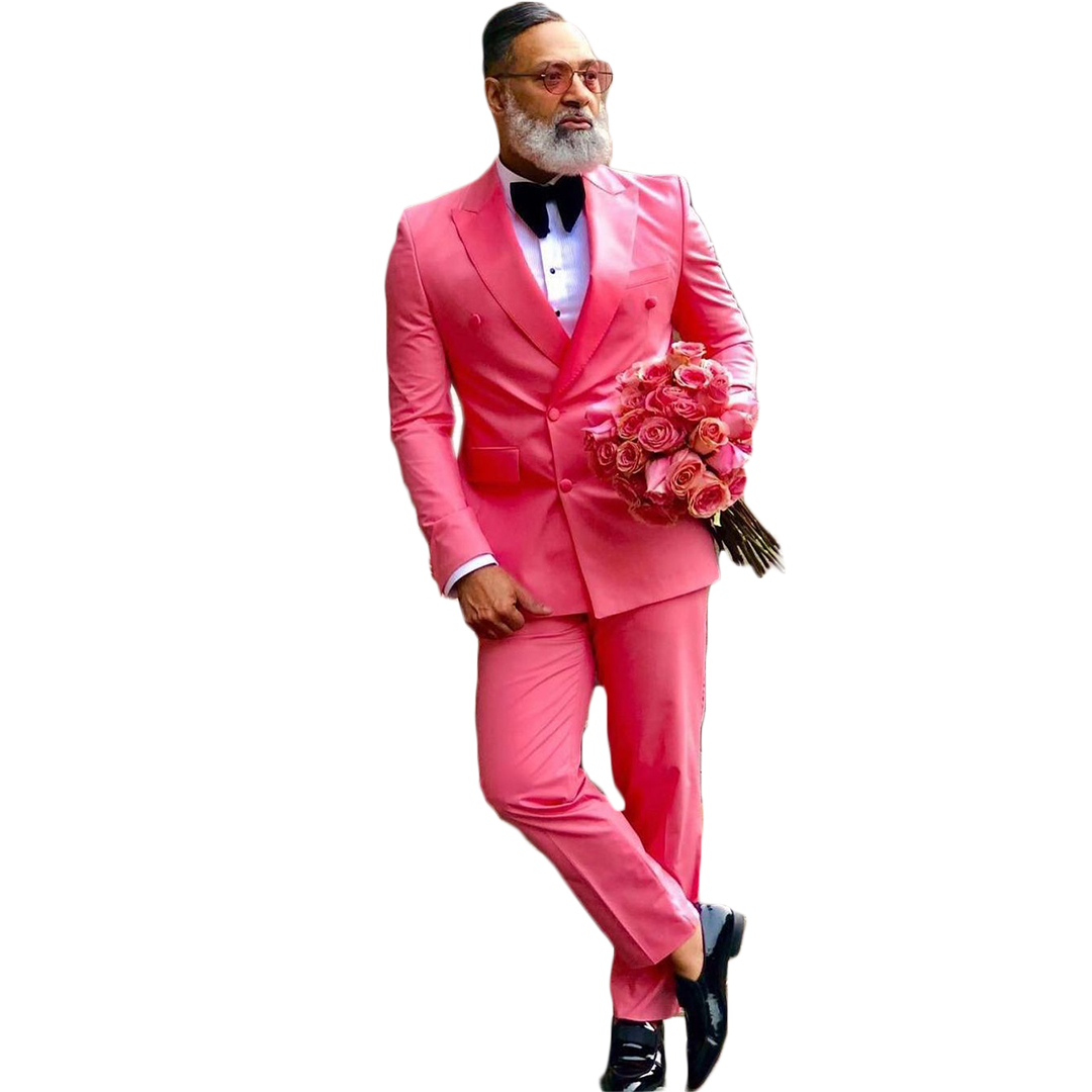 High Quality Mens Formal Tuxedos Pink Double Breasted Business Suits Groom Wedding Prom Party Outfit (Jacket+Pants)