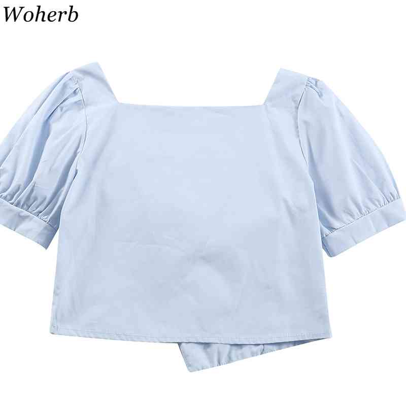Shirts Women Irregular Square Collar Buttons Blouses Puff Short Sleeve Crop Tops Korean Chic Elegant White Blusas Mujer 210519