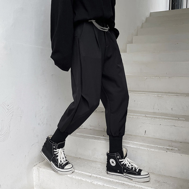 IEFB Men's Causal Pants Personalized Niche Turnup Pants Black Loose Streetwear Chian High Waist Trousers 9Y6695 210524