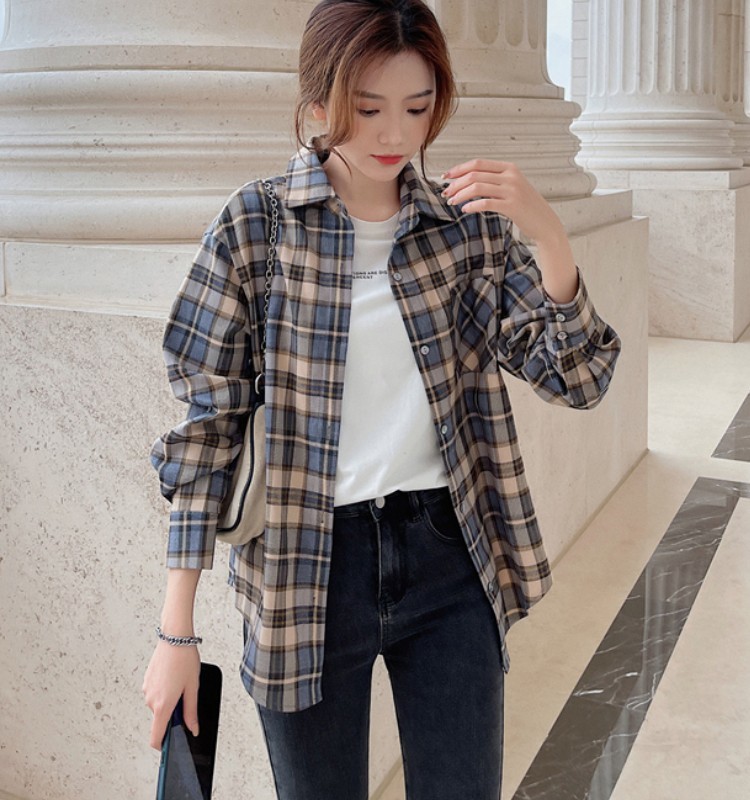 Spring Fashion Ladies Long Sleeve Casual Blouses Top Vintage Female Streetwear Plaid Women Loose Chic Shirts 210519