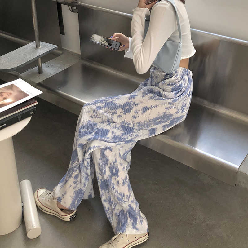 Qooth Pleated Printed Wide Leg Pant's Summer High Waist Casual Retro Thin Straight Long Elastic QT662 210609