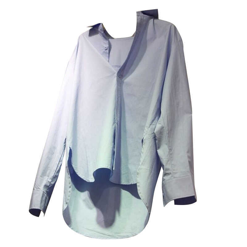 Spring Loose Blue Front Short-back Long Turn Down Collar Shirts Women Casual Top 210615Z