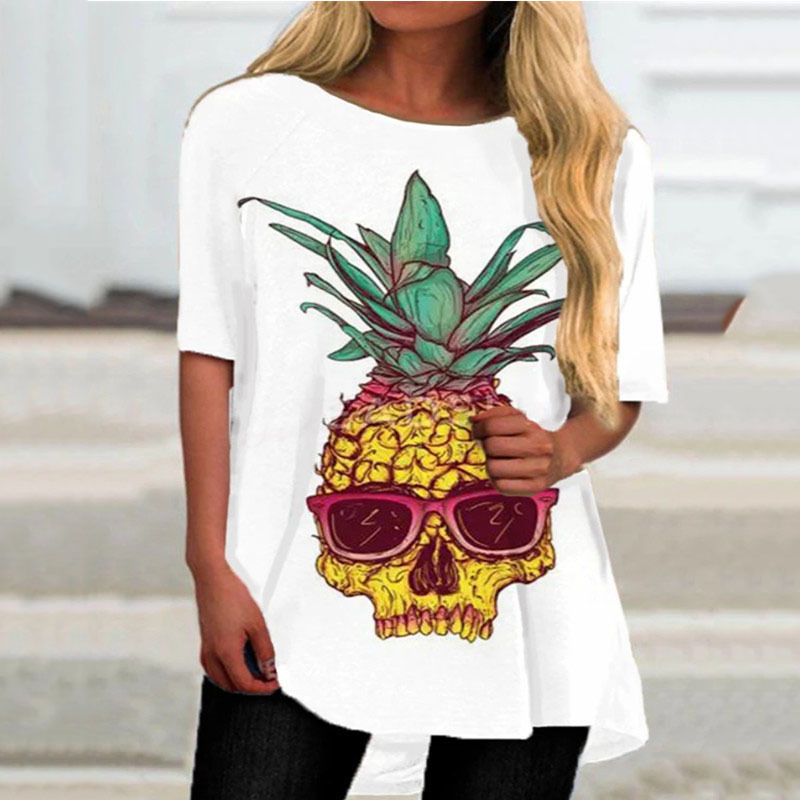 Ladies Summer Pure Color T-shirt Skull Print Half Sleeve Round Neck Turtleneck Irregular Top Fashion Casual Loose Short Sleeve 210515