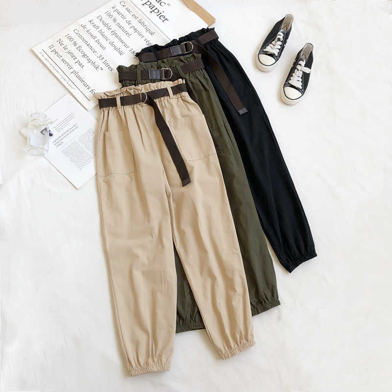 LY VAREY LIN Spring Summer Women Casual High Waist Cargo Pants with Belt Fashion Elastic Solid Color Ankle-length 210526
