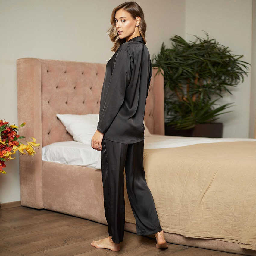 HiLoc Black Long Sleeve Home Suit For Women Sleepwear Satin Pyjamas Set Solid Basic Two Piece Set Top And Pants Spring Pjs 211007