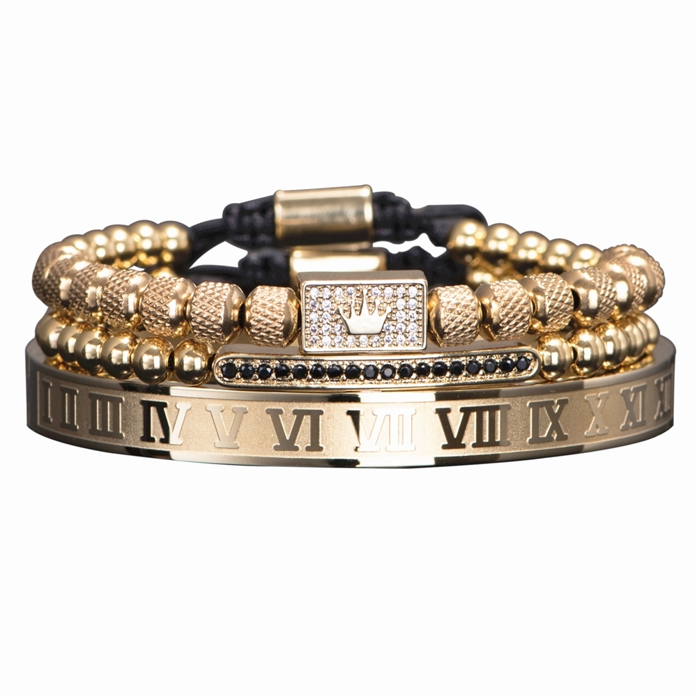 3pcsSet Luxury Gold Royal King Crown Men Bracelets Roman Numeral Bracelet Unique Design Braided Adjustable Bangle Pulseira