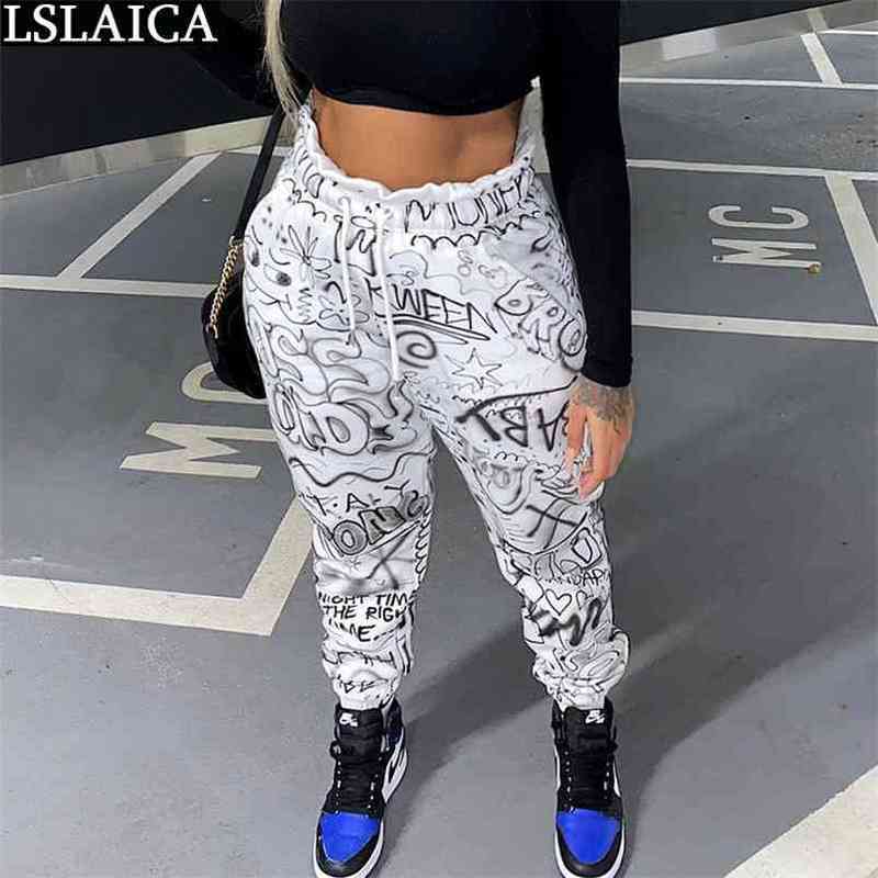 Woman Pants Fashion Streetwear Pocket Sweatpants Women Elastic Waist Casual Loose Drawstring Printing Femme Pantalon 210515