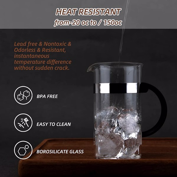 Bar Products Mini French Press Coffee Maker 12 oz , Small 350 ml, Camping , Heat Cold Coffee Brewer with Spoon and Brush (Classic Style)