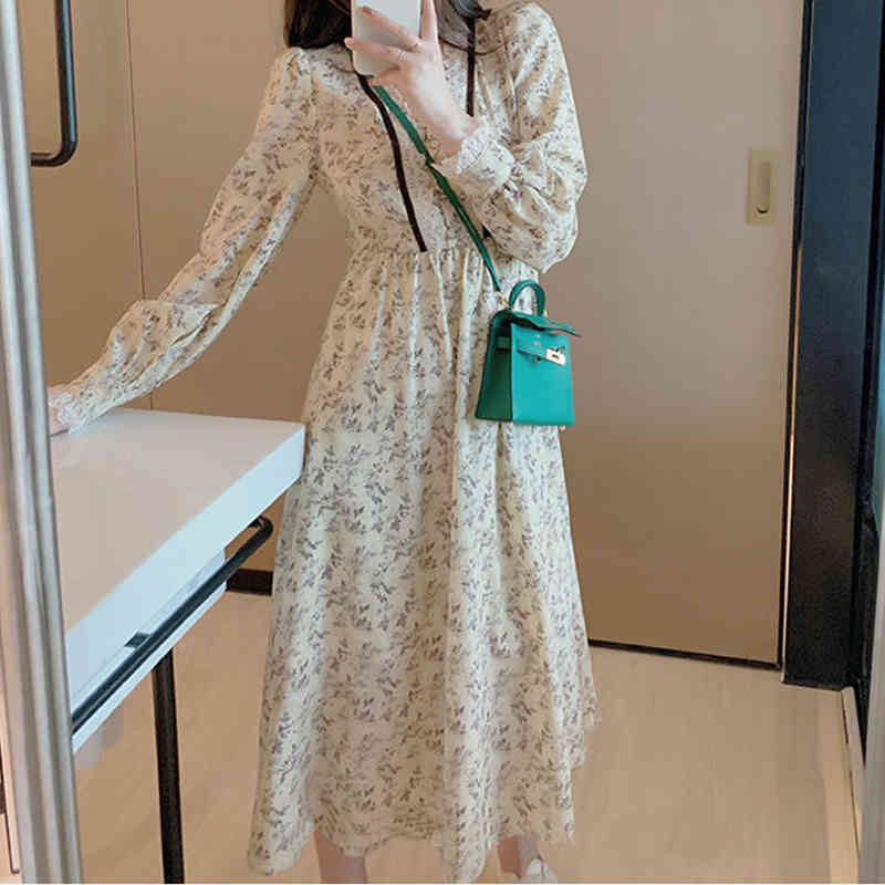 French Vintage Floral Dress Women Long Sleeve Lace V-Neck Elegant Dress Korean Sweet Flower Dress Female Spring 210521