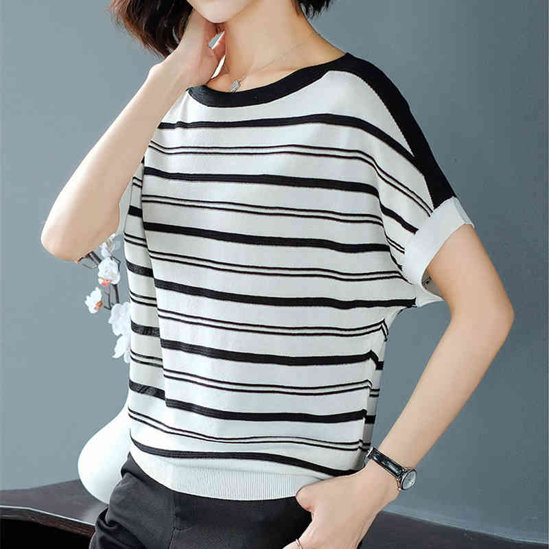 Loose Batwing Short Sleeve Stripe Knitted T-Shirt Women Casual Summer Thin Knitwear Tops Korean Style Contrast Color Tee Female 210522