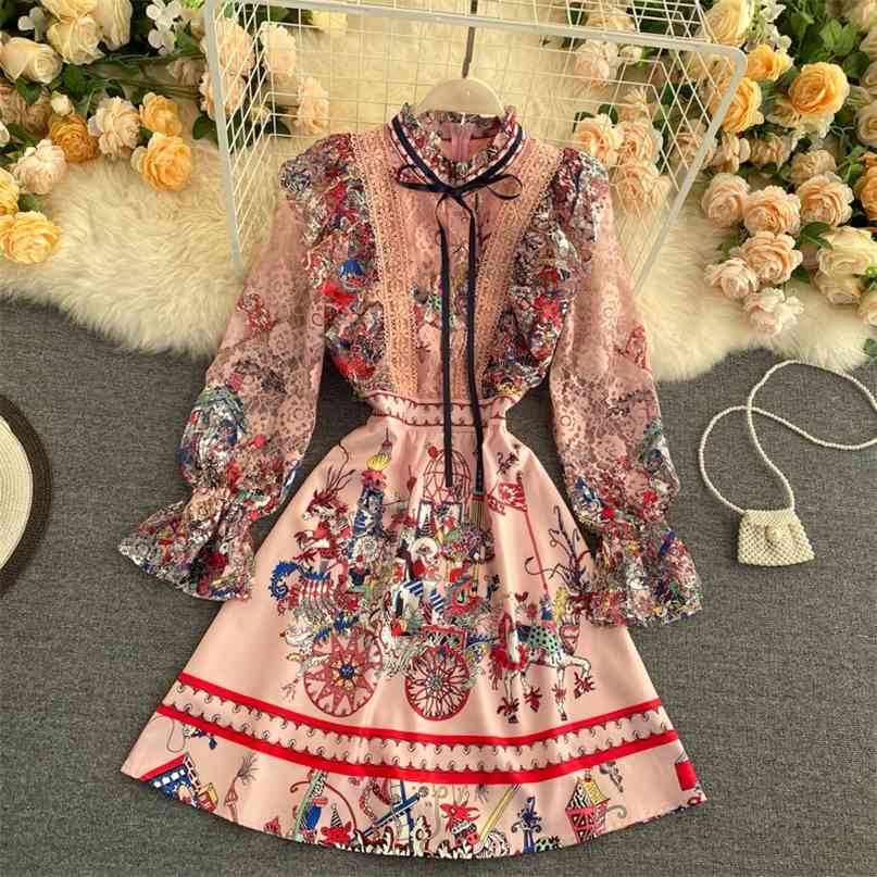 Fashion runway dress women spring elegant bow tie lace splicing flare sleeve vintage printed ruffles short 210603, Pink
Fashion runway dress women spring elegant bow tie lace splicing flare sleeve vintage printed ruffles short 210603, Pink