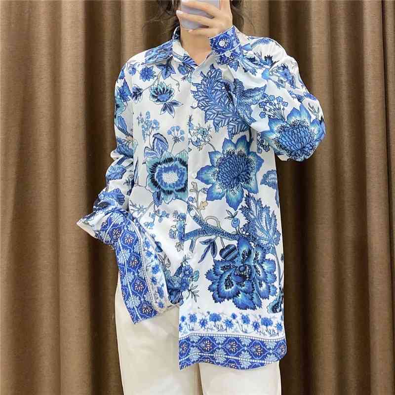 Chinese Style Women Blue And White Printing Shirts Fashion Ladies Turn Down Collar Tops Streetwear Female Chic Blouses 210430