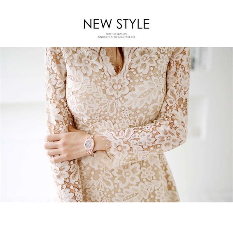 spring Elegant Sexy Hollow Out Lace dress Vintage LongSleeve V-Neck Robe Femme OL Casual slim Woman Party Long Dresses 210519