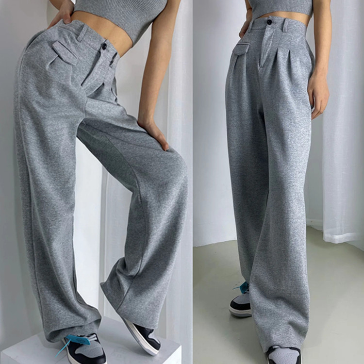Women Pants Capris Gray High Waist Fashion Straight Loose Long Casual Trousers All Match 210513