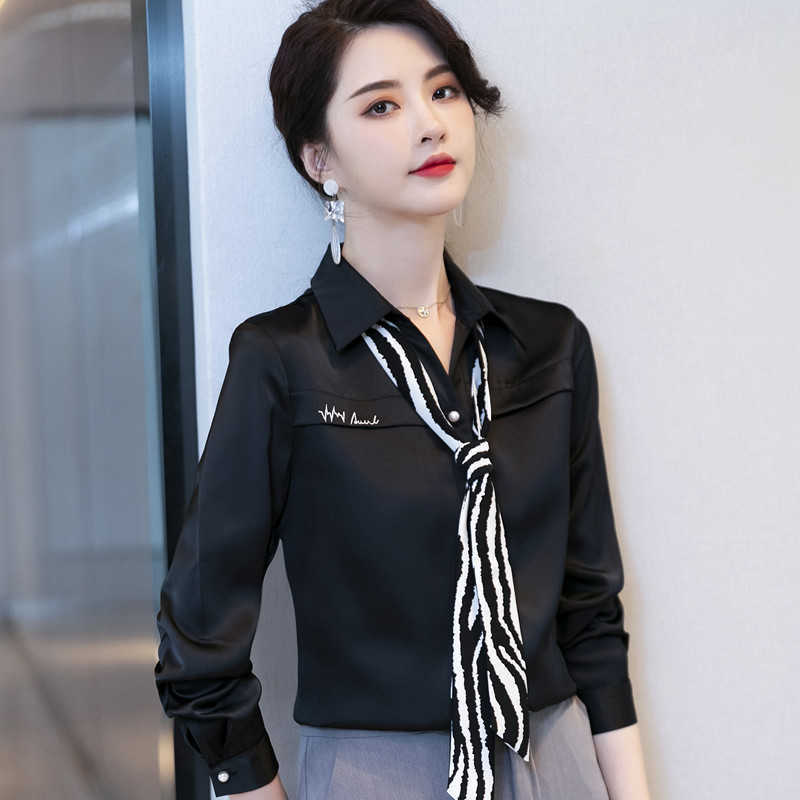High End Shirt Women Black White Formal Spring All-Match Satin Blouses Office Ladies Fashion Work Tops 210604