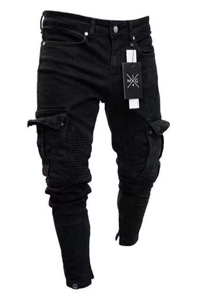Men Skinny Jeans Multi-Pocket Slim Pencil Pants 2021 Black New Male Overalls Street Hip-Hop Moto & Bike Clothing Jeans X0621