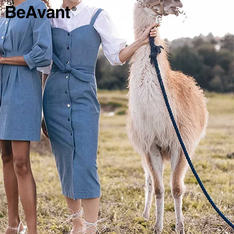 BeAvant Sexy strap long denim dress women Vintage button front bow belt summer dresses Spring ladies office dress female 210709