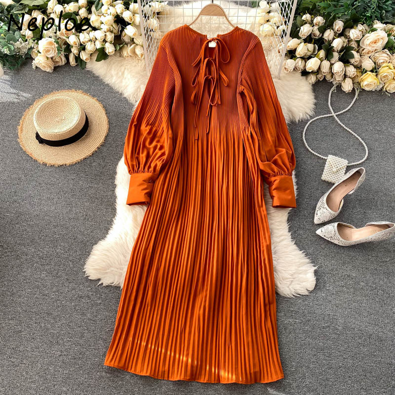Neploe Chiffon Chic Drawstring Pleated Dresses O-neck Puff Sleeve Loose Beach Style Dress Solid Color Sweet Mid-length Vestidos 210422