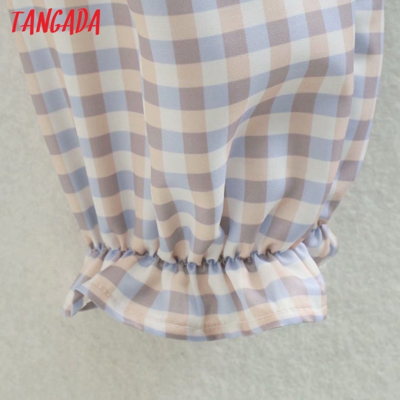 Women Retro Plaid Print Ruffles Crop Long Sleeve Chic Female Short Blouse Shirt Tops XN316 210416