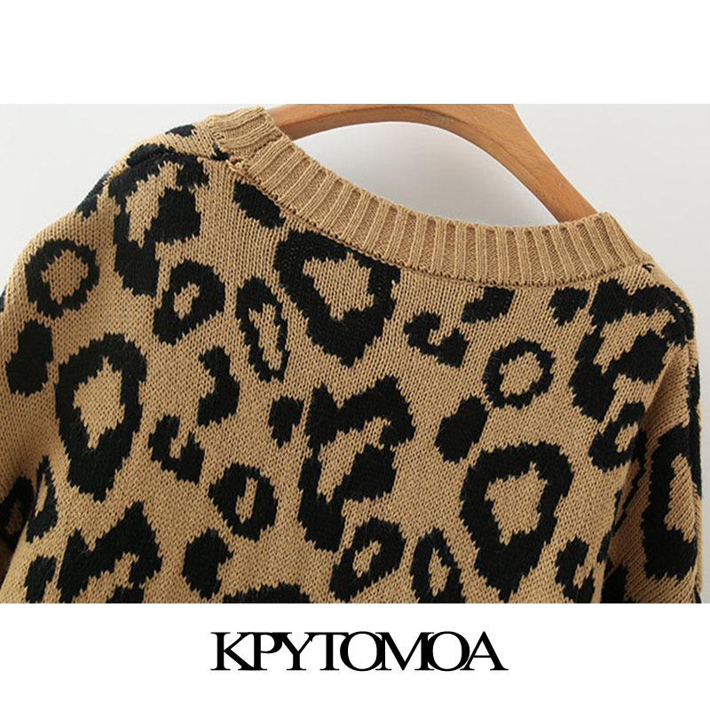 Women Fashion Leopard Pattern Loose Knitted Cardigan Sweater Lantern Sleeve Female Outerwear Chic Tops 210420