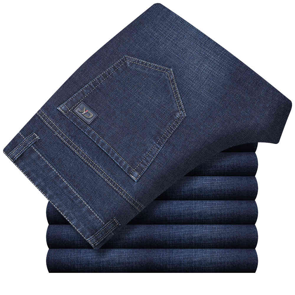 Men's Straight Cut Jeans Classic Business Style Stretch High Waist Jeans Vintage Denim Pant Retro Black Cowboy Trouser Male 210518