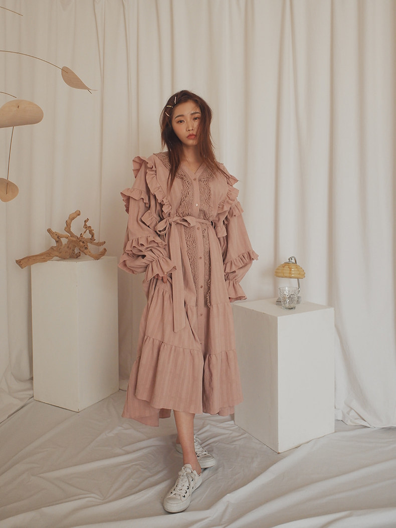 Comelsexy Autumn Women Vintage Loose High Waist Slim Was Thin Elegant Splice Single-breasted Ruffles Maxi Dress Vestido 210515