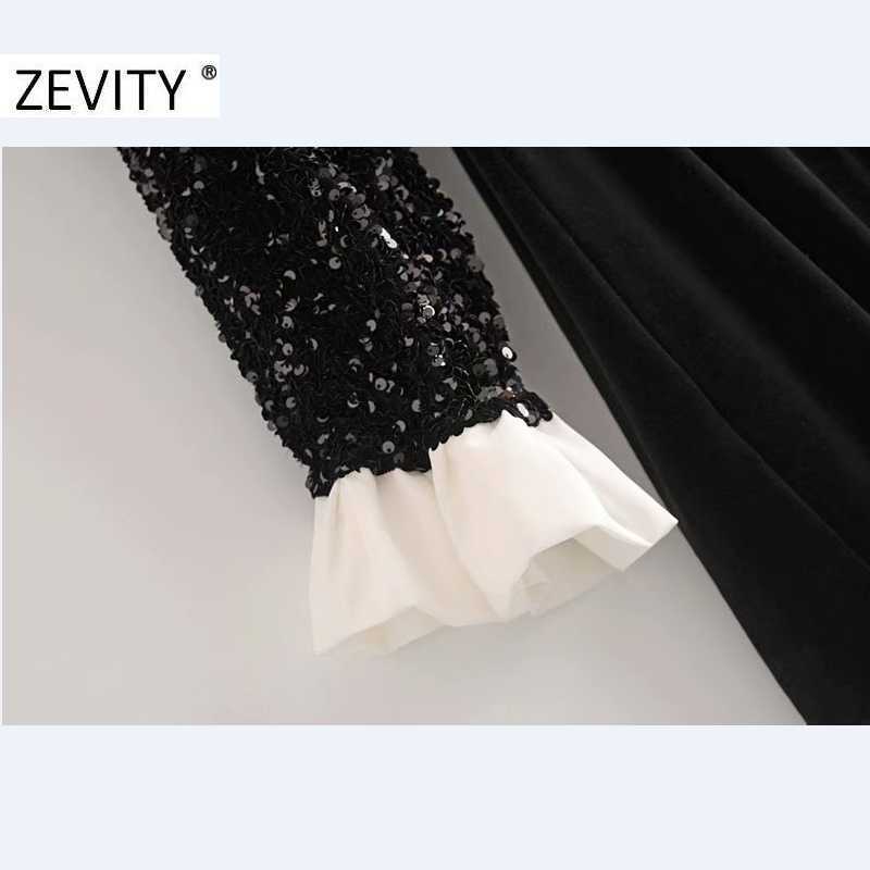 Zevity High Street Women Sweet Ruffles Peter Pan Collar Patchwork Sequins Mini Dress Female Black Velvet Casual Vestidos DS4583 210603
