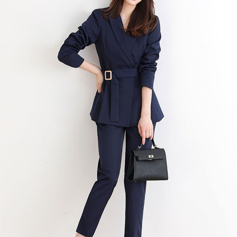 Professional Women Blazer Pants Suit OL Elegant Business Wear Lace-up Blazers + Suits 2 Piece Sets 210421