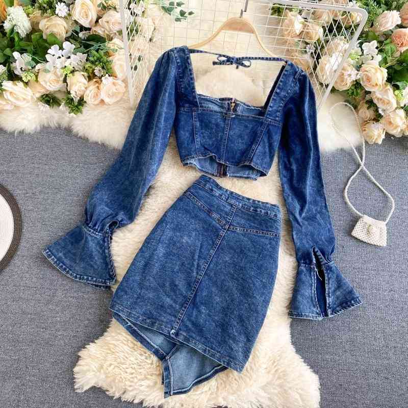 DEAT Autumn Long Flare Sleeve Square Collar Short Denim Top Mini Irregular Skirt Two Piece Set Women Outfits MK316 201012