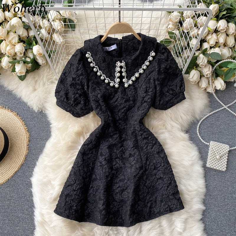 Elegant Dress Women Pearl Peter Pan Collar Puff Sleeve Mini Dresses Summer Robe Fashion Slim Waist White Vestidos 4h869 210519