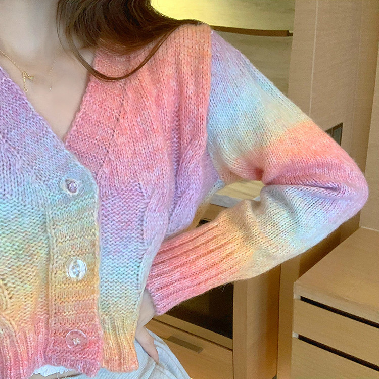Nomikuma Rainbow Tie Dye Women Short Knitted Cardigan Causal Long Sleeve V-neck Sweater Coat Korean Knitwear Jacket 6D456 210427